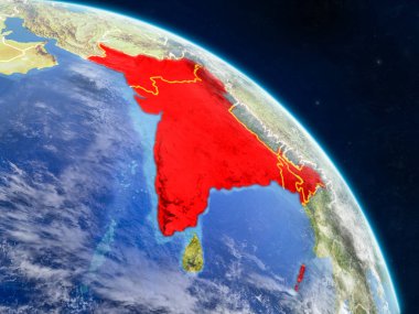 Britanya Hindistanı gerçekçi modeli bir ülke sınırları ve detaylı gezegenin yüzey ve bulutlar Dünya gezegeni uzaydan. 3D çizim. Nasa tarafından döşenmiş bu görüntü unsurları.