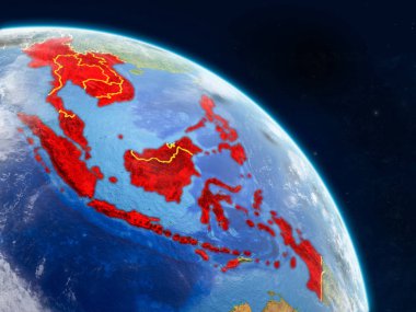 ASEAN ülkeleri gerçekçi modeli bir ülke sınırları ve detaylı gezegenin yüzey ve bulutlar Dünya gezegeni uzaydan. 3D çizim. Nasa tarafından döşenmiş bu görüntü unsurları.