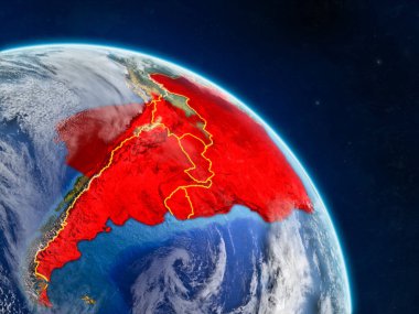 Mercosur memebers gerçekçi modeli bir ülke sınırları ve detaylı gezegenin yüzey ve bulutlar Dünya gezegeni uzaydan. 3D çizim. Nasa tarafından döşenmiş bu görüntü unsurları.