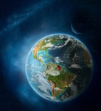 Guyana'dan yer alan ay ve Samanyolu ile çevrili toprak üstünde. Şehir ışıkları ve bulutlar ile detaylı gezegen yüzeyinde. 3D çizim. Nasa tarafından döşenmiş bu görüntü unsurları.