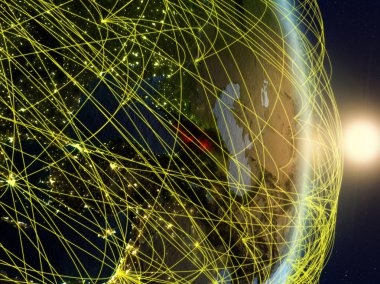 Gündoğumu gezegen Planet Earth ağ ile Georgia'da. Bağlantı, seyahat ve iletişim kavramı. 3D çizim. Nasa tarafından döşenmiş bu görüntü unsurları.