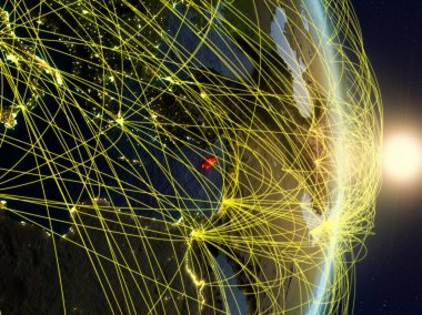 Kıbrıs Sunrise gezegen Planet Earth ile ağ. Bağlantı, seyahat ve iletişim kavramı. 3D çizim. Nasa tarafından döşenmiş bu görüntü unsurları.