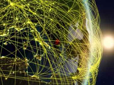 Makedonya Sunrise gezegen Planet Earth ile ağ. Bağlantı, seyahat ve iletişim kavramı. 3D çizim. Nasa tarafından döşenmiş bu görüntü unsurları.