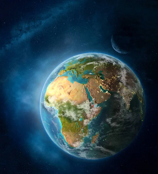 月や天の川をスペースに囲まれた地球上の領域からジブチ 街の明かりと雲と詳細な惑星の表面 イラスト Nasa から提供されたこのイメージの要素 — ストック写真