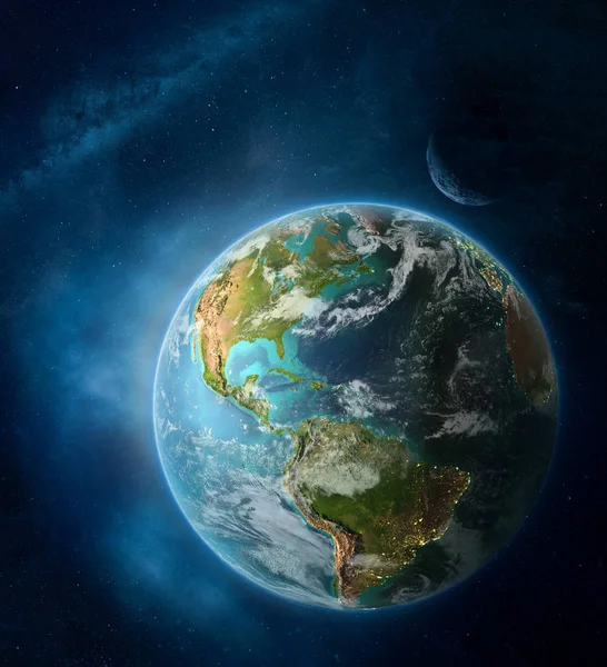 Caribbean from space on Earth surrounded by space with Moon and Milky Way. Detailed planet surface with city lights and clouds. 3D illustration. Elements of this image furnished by NASA.