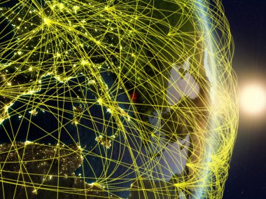 Karadağ Sunrise gezegen Planet Earth ile ağ. Bağlantı, seyahat ve iletişim kavramı. 3D çizim. Nasa tarafından döşenmiş bu görüntü unsurları.