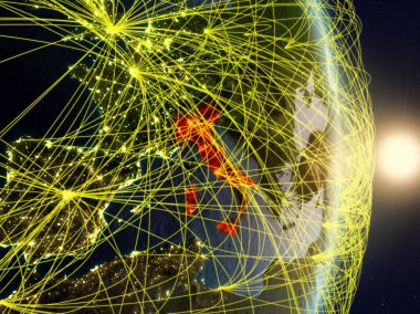 Sunrise gezegen Planet Earth ağ ile İtalya. Bağlantı, seyahat ve iletişim kavramı. 3D çizim. Nasa tarafından döşenmiş bu görüntü unsurları.