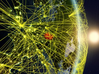 Sunrise gezegen Planet Earth ağ ile Çek Cumhuriyeti. Bağlantı, seyahat ve iletişim kavramı. 3D çizim. Nasa tarafından döşenmiş bu görüntü unsurları.