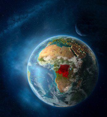 Dem Rep of Congo from space on Earth surrounded by space with Moon and Milky Way. Detailed planet surface with city lights and clouds. 3D illustration. Elements of this image furnished by NASA. clipart