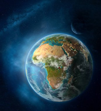 Ruanda yer alan ay ve Samanyolu ile çevrili Dünya'dan. Şehir ışıkları ve bulutlar ile detaylı gezegen yüzeyinde. 3D çizim. Nasa tarafından döşenmiş bu görüntü unsurları.