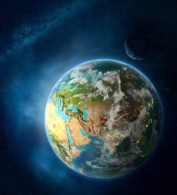 Tacikistan alan ay ve Samanyolu ile çevrili yeryüzünde uzaydan. Şehir ışıkları ve bulutlar ile detaylı gezegen yüzeyinde. 3D çizim. Nasa tarafından döşenmiş bu görüntü unsurları.
