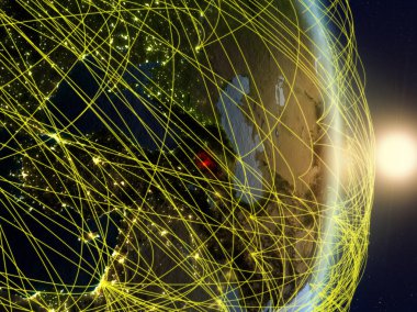 Ermenistan Sunrise gezegen Planet Earth ile ağ. Bağlantı, seyahat ve iletişim kavramı. 3D çizim. Nasa tarafından döşenmiş bu görüntü unsurları.