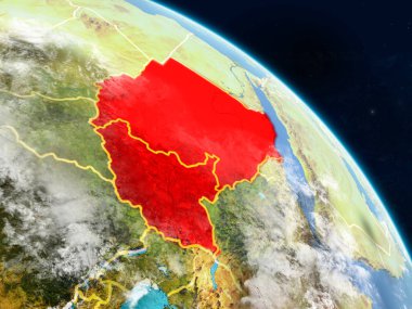Eski Sudan gerçekçi modeli bir ülke sınırları ve detaylı gezegenin yüzey ve bulutlar Dünya gezegeni uzaydan. 3D çizim. Nasa tarafından döşenmiş bu görüntü unsurları.