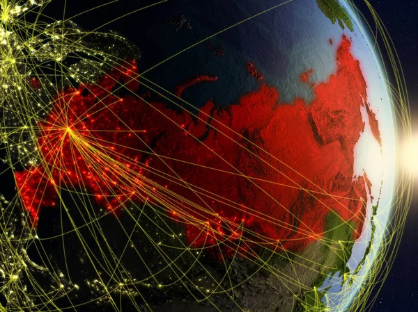 Rusia Amanecer Planeta Tierra Con Red Concepto Conectividad Viajes Comunicación —  Fotos de Stock