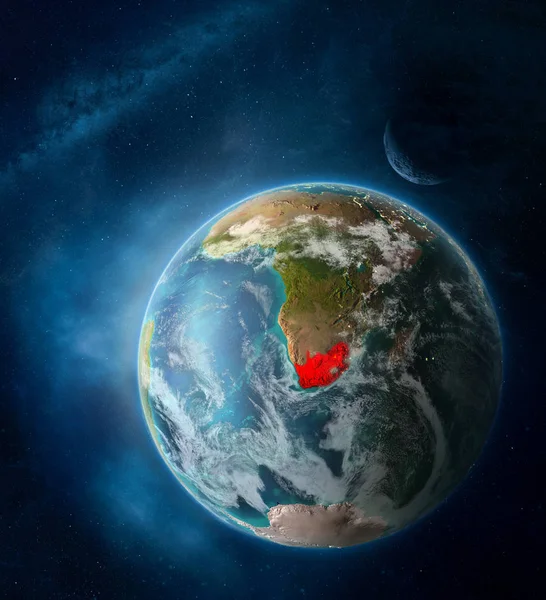 South Africa from space on Earth surrounded by space with Moon and Milky Way. Detailed planet surface with city lights and clouds. 3D illustration. Elements of this image furnished by NASA.