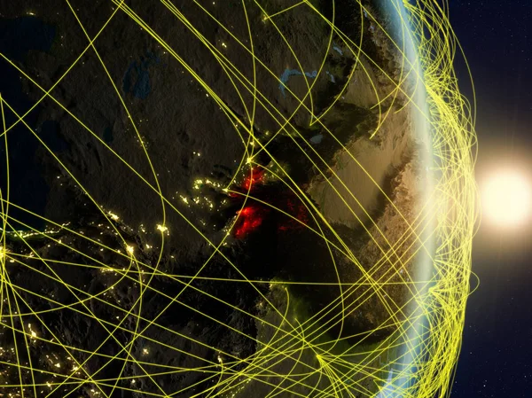 タジキスタン ネットワークと惑星地球の日の出 旅行およびコミュニケーションの概念 イラスト Nasa から提供されたこのイメージの要素 — ストック写真