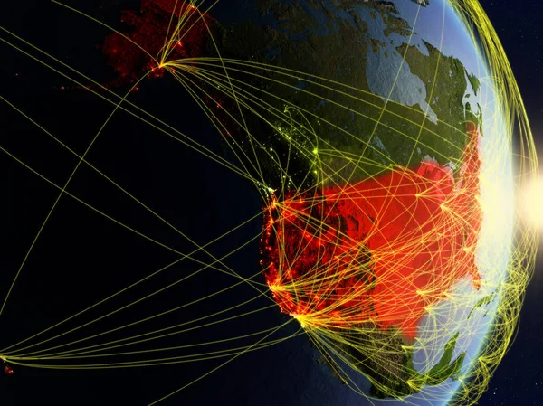 Usa Bei Sonnenaufgang Auf Dem Planeten Erde Mit Netzwerk Konzept — Stockfoto