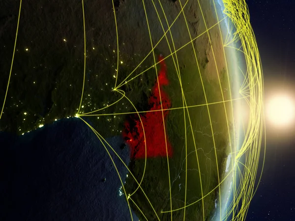 Camerún Amanecer Planeta Tierra Con Red Concepto Conectividad Viajes Comunicación — Foto de Stock