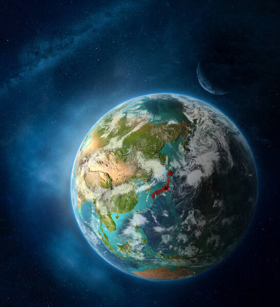 Japan from space on Earth surrounded by space with Moon and Milky Way. Detailed planet surface with city lights and clouds. 3D illustration. Elements of this image furnished by NASA.