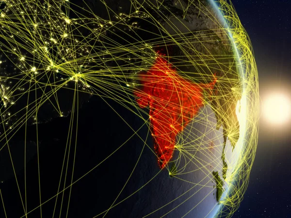 Indien Bei Sonnenaufgang Auf Dem Planeten Erde Mit Netzwerk Konzept — Stockfoto