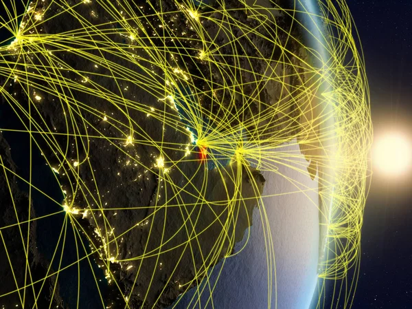 Qatar Bei Sonnenaufgang Auf Dem Planeten Erde Mit Netzwerk Konzept — Stockfoto