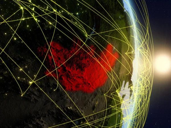 モンゴル ネットワークと惑星地球の日の出 旅行およびコミュニケーションの概念 イラスト Nasa から提供されたこのイメージの要素 — ストック写真