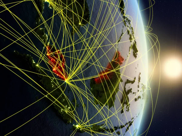 Malajsie Sunrise Planetě Zemi Sítí Koncept Připojení Cestování Komunikace Obrázek — Stock fotografie