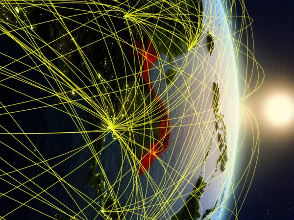 Vietnam Soluppgången Planeten Jorden Med Nätverk Begreppet Connectivity Resor Och — Stockfoto