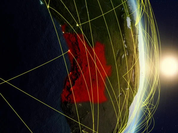 Angola Zonsopgang Planeetaarde Met Netwerk Concept Van Connectiviteit Reizen Communicatie — Stockfoto