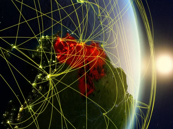 Venezuela Bei Sonnenaufgang Auf Dem Planeten Erde Mit Netzwerk Konzept — Stockfoto