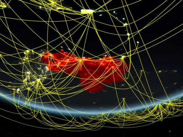 Venezuela on model of planet Earth at night with network representing travel and communication. 3D illustration. Elements of this image furnished by NASA.