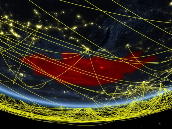 Mongólia Modelo Planeta Terra Noite Com Rede Representando Viagens Comunicação — Fotografia de Stock