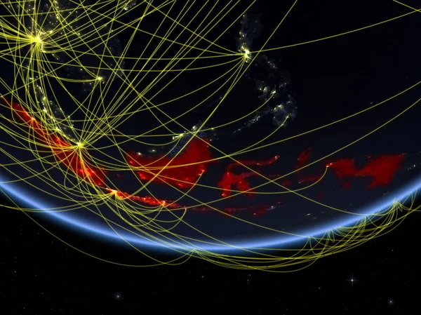 Indonesië Model Van Planeet Aarde Night Met Netwerk Reizen Communicatie — Stockfoto