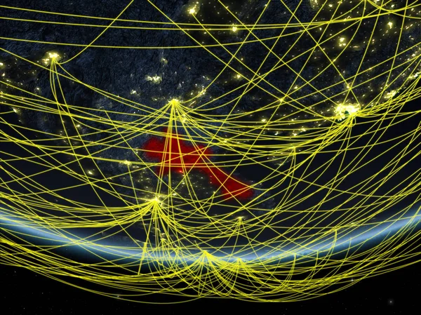 Laos Modelo Planeta Terra Noite Com Rede Representando Viagens Comunicação — Fotografia de Stock