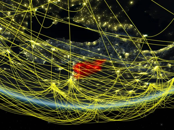 Síria Modelo Planeta Terra Noite Com Rede Representando Viagens Comunicação — Fotografia de Stock