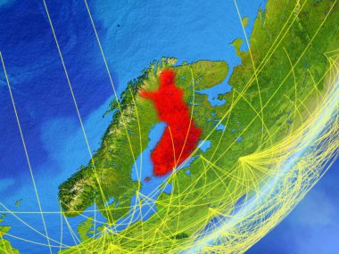 Finlandiya modeli bir gece ağı ile dünya gezegeni. Yeni teknoloji, iletişim ve seyahat kavramı. 3D çizim. Nasa tarafından döşenmiş bu görüntü unsurları.