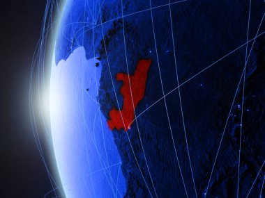 Kongo'dan alan uluslararası ağı ile Dünya'nın mavi dijital modeli. Mavi dijital iletişim veya seyahat kavramı. 3D çizim. Nasa tarafından döşenmiş bu görüntü unsurları.