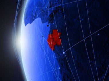 Gabon dünya mavi dijital modeli uluslararası ağ ile uzaydan. Mavi dijital iletişim veya seyahat kavramı. 3D çizim. Nasa tarafından döşenmiş bu görüntü unsurları.
