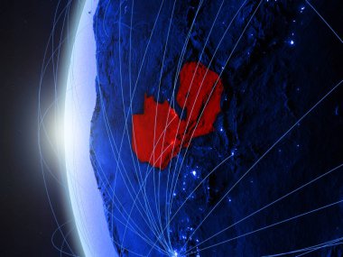 Uzaydan Dünya'nın mavi dijital modeli uluslararası ağ ile Zambiya. Mavi dijital iletişim veya seyahat kavramı. 3D çizim. Nasa tarafından döşenmiş bu görüntü unsurları.