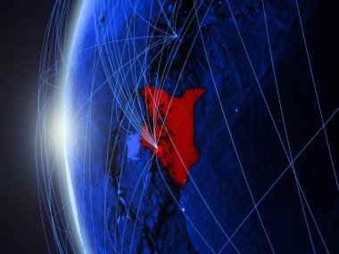 Kenya uluslararası ağı ile Dünya'nın mavi dijital modeli uzaydan. Mavi dijital iletişim veya seyahat kavramı. 3D çizim. Nasa tarafından döşenmiş bu görüntü unsurları.