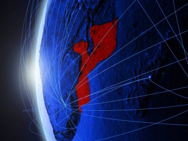 Mozambik uluslararası ağı ile Dünya'nın mavi dijital modeli uzaydan. Mavi dijital iletişim veya seyahat kavramı. 3D çizim. Nasa tarafından döşenmiş bu görüntü unsurları.