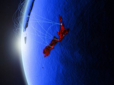 Yeni Zelanda Dünya mavi dijital modeli ile uluslararası ağ üzerinde yer. Mavi dijital iletişim veya seyahat kavramı. 3D çizim. Nasa tarafından döşenmiş bu görüntü unsurları.