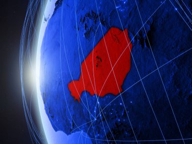Nijer uluslararası ağı ile Dünya'nın mavi dijital modeli uzaydan. Mavi dijital iletişim veya seyahat kavramı. 3D çizim. Nasa tarafından döşenmiş bu görüntü unsurları.