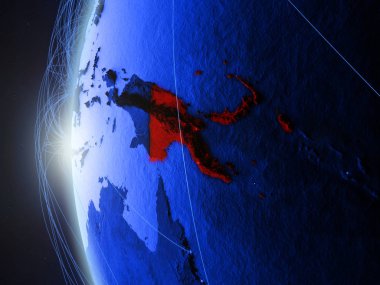 Papua Yeni Gine uluslararası ağı ile Dünya'nın mavi dijital modeli uzaydan. Mavi dijital iletişim veya seyahat kavramı. 3D çizim. Nasa tarafından döşenmiş bu görüntü unsurları.