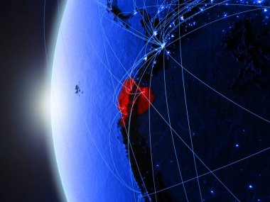 Amerika Birleşik Devletleri uzay Earth mavi dijital modeli ile uluslararası ağ üzerinden. Mavi dijital iletişim veya seyahat kavramı. 3D çizim. Nasa tarafından döşenmiş bu görüntü unsurları.