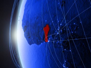 Benin uluslararası ağı ile Dünya'nın mavi dijital modeli uzaydan. Mavi dijital iletişim veya seyahat kavramı. 3D çizim. Nasa tarafından döşenmiş bu görüntü unsurları.