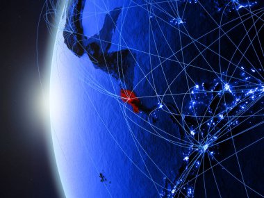 Kosta Rika Uluslararası ağı ile Dünya'nın mavi dijital modeli uzaydan. Mavi dijital iletişim veya seyahat kavramı. 3D çizim. Nasa tarafından döşenmiş bu görüntü unsurları.