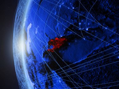 Kırgızistan uluslararası ağı ile Dünya'nın mavi dijital modeli uzaydan. Mavi dijital iletişim veya seyahat kavramı. 3D çizim. Nasa tarafından döşenmiş bu görüntü unsurları.