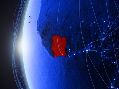 Fildişi Sahili mavi dijital modeli dünya bir uluslararası ağ ile uzaydan. Mavi dijital iletişim veya seyahat kavramı. 3D çizim. Nasa tarafından döşenmiş bu görüntü unsurları.