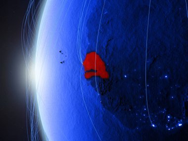 Senegal uluslararası ağı ile Dünya'nın mavi dijital modeli uzaydan. Mavi dijital iletişim veya seyahat kavramı. 3D çizim. Nasa tarafından döşenmiş bu görüntü unsurları.